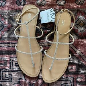 NWT Zara Tan Minimalist Rhinestone Sandals